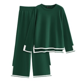 PRETTYGARDEN Women's 2 Piece Fall Knit Sweater Set Long Sleeve Tops Wide Leg Pants Sweatsuit Tracksuit Outfit Winter Clothing (Green,Medium)