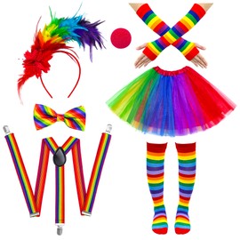 Yezmo 7 PCS Clown Costume Set for Women Feathers Headband Gloves Socks Rainbow Tutu Skirt Y Back Adjustable Suspender Bowtie Nose