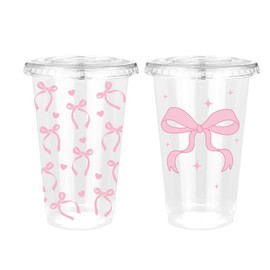 FYSUIMU 50Pcs Pink Bow Plastic Cups 16Oz Cute Coquette Bowknot Disposable Drinking Cup for Wedding Birthday Bridal Shower Bachelorette Party Supplies, 2 Styles