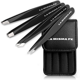 Fancy Tweezers Set for Eyebrow Plucking and Hair Removal with Case (4 Pieces) - Stainless Steel Coloured - 4 Different Tips