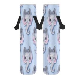 1 Pair Soft Socks Black Holding Hands, Compression Knee High Stockings Long Athletic Circulation 16x3.9 in Print Cartoon Grey Elephant Heads Seamless On Blue Stripes