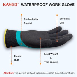 KAYGO Waterproof Work Gloves for Men and Women with Double Latex Coated, Non-Slip Super Grip for Gardening Car Washing Fish Cleaning (Blue, L, 1 Pairs)
