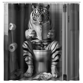 DeeCabin Funny Tiger Shower Curtain 70X70IN Funcy Humor Tiger Animal on Toilet Reading a Newspaper Shower Curtains Set, Black and White Shower Curtains, Waterproof Bathroom Decor with 12Hooks