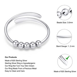 GOGOEY 925 Sterling Silver Anti Anxiety Ring Spinner Rings Fidget Ring Stress Relieving Anxiety Ring with Beads Adjustable Open Twist Eternity Band for Women Men, Silver, bead