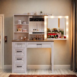 FONTOI Makeup Vanity, Modern Vanity Desk with Sliding Mirror&3-Color Lighting, Vanity Table Set with Charging Station, 3 Open Storage Shelves&5 Drawers, Wood Dressing Table for Bedroom, Vintage White