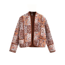 Perbai Womens Floral Cropped Quilted Jacket Lightweight Reversible Open Front Puffer Cardigan Coat(Brown-S)