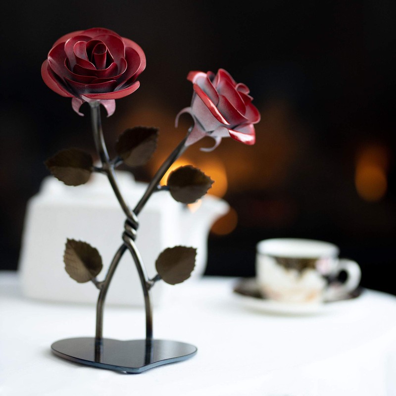 Hand-Forged Wrought Iron Double Red Metal Rose with Twist -