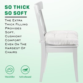 SQUARE MOON Chair Cushions for Dining Chairs, 3 Inch Thick Comfortable Kitchen Chair Pads, Dining Room Seat Cushions with Ties, Machine Washable, 17" x 16" x 3", 4/Pack, White