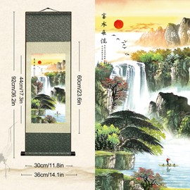 Newscz Wall Decoration for Living Room Asian Wall Art Silk Scroll Landscape Paintings Canvas Pictures for Wall Hanging Decoration Wall Tapestry Pictures for Hallway Bedroom Decor 36 by 12 in