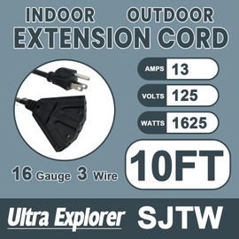 Ultra Explorer 10 Ft Outdoor Extension Cord with 3 Electrical Power Outlets - 16/3 SJTW Long-Lasting Black Cable with 3 Prong Grounded Plug