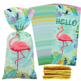 Boerni 50 Pieces Flamingo Candy Bag Palm Leaves Hibiscus Hawaiian Goodie Cellophane Treat Bags with 50 Gold Twist Ties for Hawaiian Tropical Luau Summer Party Favor Supplies