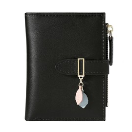 Women's Purse Leaf Pendant PU Leather Purse Women's Small and Short Format Purse Small Wallet Purse for Women (Black), black, Fastened