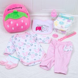 Pedolltree 12 Pcs Set Reborn Dolls Newborn Baby Girl Clothes Pink Elephant Outfit Accessories for 17-22 Inch Reborn Baby Dolls with Strawberry Backpack&Feeding Set