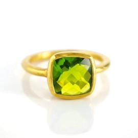 Cushion Cut Birthstone Ring Bezel Set in Vermeil Gold, Sterling Silver, or Rose Gold, Stacking Birthstone Ring (Peridot)
