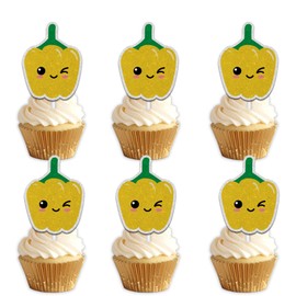 18pcs Yellow Glitter Dessert Cupcake Topper Traditional Fiesta Festival Mexican Food Vegetable Funny Cute Chili Theme Decor Supplies Baby Shower Boys Girls Happy Birthday Decorations