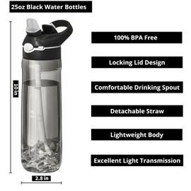 TCKJ 25oz Water Bottle with Straw, Clip, Handle & Marker, Tritan BPA-Free Sport Water Bottle for Men, Travel Clear Water Bottle for Outdoor & School (Black)