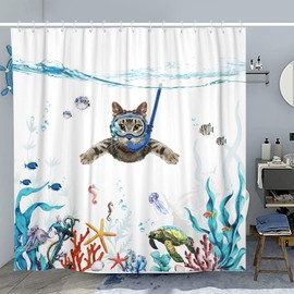 Fowocu Funny Cat 84 Inch Shower Curtain Set Teal Blue Sea Ocean Waterproof Fabric Shower Curtains with Animal Octopus Starfish Turtle Anchor Fish Nautical Bathroom Curtain Decor (Blue, 72''×84'')