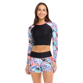 Body Glove Women's Standard Let It Be Long Sleeve Crop Top Rashguard with UPF 50, Miami Palm Tree Print, X-Large