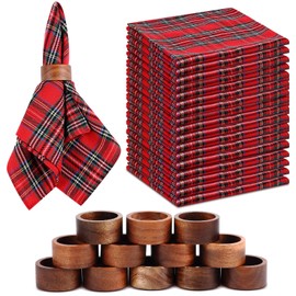 Preboun Christmas Napkin and Ring, 18 x 18 Inches Plaid Cloth Napkins Wood Napkin Rings for Christmas Holiday Party Dinner Table Decoration