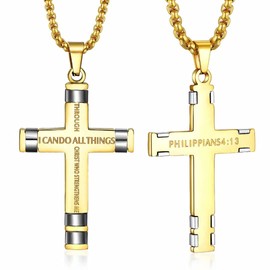 XIEXIELA Cross Necklace Philippians 4:13 STRENGTH Bible Verse Stainless Steel Pendant Necklace First Communion Gifts Men Gold