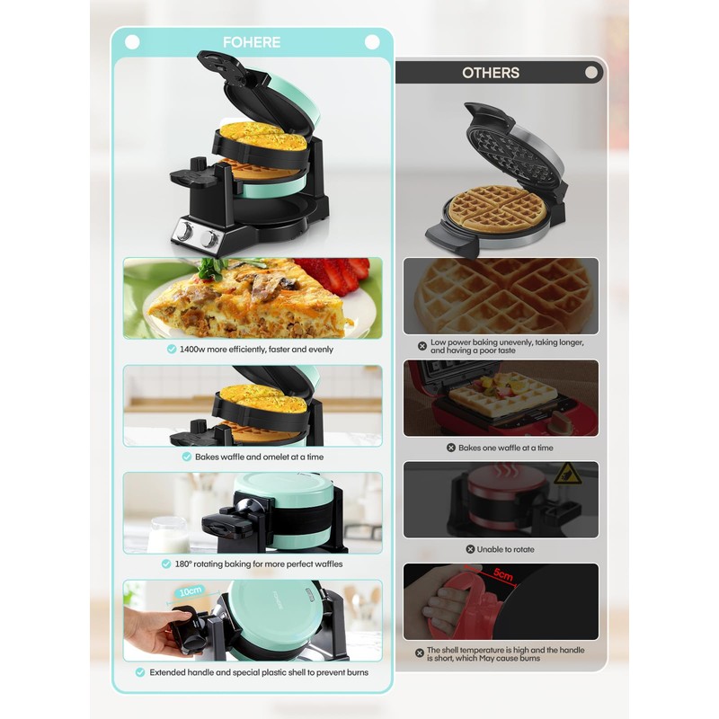 FOHERE 2-in-1 Omelette Maker&Waffle Maker, 1400W Omelet Waffle Maker 180°