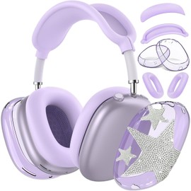 [4 in 1] Case Cover for AirPods Max Soft Cases Anti-Scratch Protective Ear Cups Cover/Ear Pad Case Cover/Headband Cover for AirPods Max (2024/2020) (Purple Diamond Stars Sets)