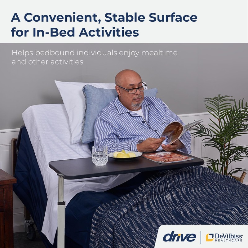 Drive Medical 13003 Non Tilt Top Overbed Table with Wheels,