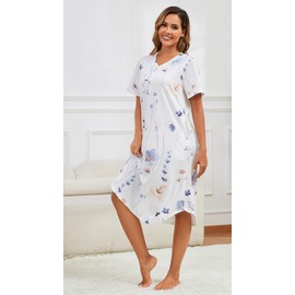 Kabento Nightgowns for Women Cotton Short Sleeve Long Night Gowns with Pockets, White Blue Floral, XX-Large