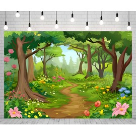 7X5 Fabric Cartoon Forest Backdrop Fairytale Green Forest Flowers Wonderland Photography Backdrop for Baby Shower Kids Birthday Party Decor Photo Studio Props