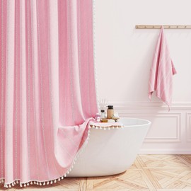 BTTN Extra Long Shower Curtain, 96 Inch Long Boho Farmhouse Striped Shower Curtain Set with Tassel, Large Shabby Chic Water Resistant Shower Curtain for Bathroom with Hooks, 72x96, Pink/Blush