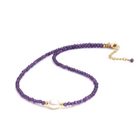 Gempires Amethyst Beaded Necklace for Women with Freshwater Pearl, Pearl Necklace, February Birthstone, Choker Style, Gift for Women, 14k Gold Plated 18 inch Adjustable Chain