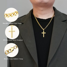 Cameido 925 Sterling Silver Cross Necklace for Men, 18k Gold Over Real Silver Cross Pendant Necklace with 4.5MM Durable Stainless Steel Cuban Link Curb Chain Shiny Cross Necklaces 16-28 Inches (Yellow Gold, 20 in=51 cm)