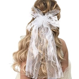 IYOU Bridal Wedding Veil White Bow Knot Tulle Veil Lace Bridesmaid Bridal Veil with Hair Clip for Women, White