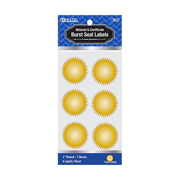 BAZIC 2" Gold Foil Notary and Certificate Burst Seal Labels (6 Sheets. 42 Labels)