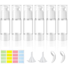 ZDNT Pack of 6 Airless Pump Dispenser, Cream Dispenser, Pump Bottle, Empty, Refillable Vacuum Cosmetic Container, Vacuum Travel Bottles for Filling with Sticker, Spatula for Travel Lotions, Shampoo