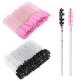 VEGCOO Pack of 200 Crystal Wand Eyelash Brushes, 100 Pieces Pink + 100 Pieces Black Eyebrow Brush, Solid Crystal Rod Mascara Brush for Combing Eyebrows