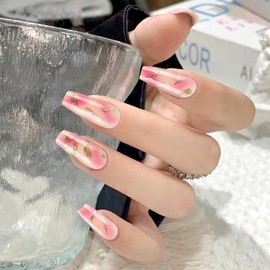 24Pcs Pink Gradient Press on Nails Curve Line Acrylic Medium Coffin Fake Nail Sparkly Gel Glue on Nail Glossy Gold Glitter False Nails Ombre Stick on Fingernails for Coquette Women Girls