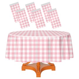 HEIPINIUYE 6 Pack Pink and White Round Checkered Tablecloth 84 ×84 Pink Plaid Table Cover Disposable Tablecloth for Round Tables Party Picnic Camping Birthday Round Plastic Gingham Table Cloth