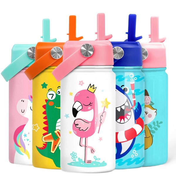 SANDJEST Flamingo Water Bottle - Kids Water Bottle with Straw