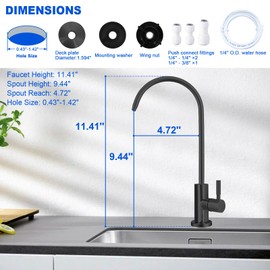 Drinking Water Faucet - Long Thread Stem Filtered Water Tap for Thick Countertop,Lead-Free RO Faucet with Hose and Push Connect Fittings(Matte Black-Flat Top)