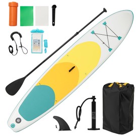 GYMAX Paddle Board, 9.8'/10'/11' x 6" Inflatable SUP with Removable Fin, Paddle, Pump, Leash & Carry Bag, Blow Up Paddle Boards Standing Boat for Adults, Youth (Multi Yellow Green,11FT)