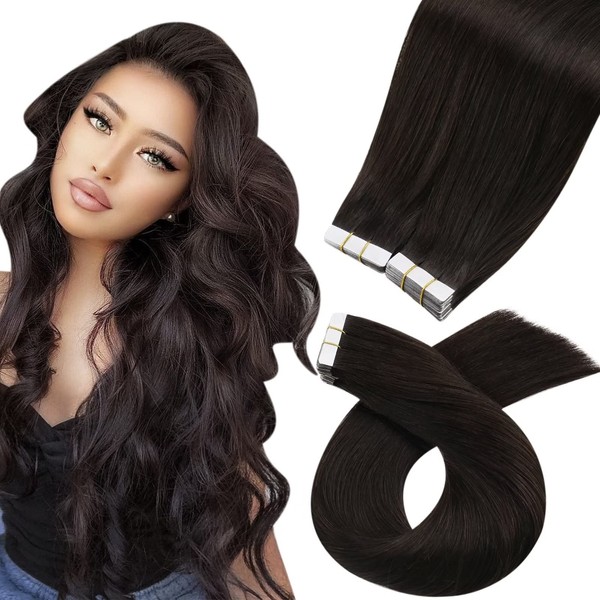 Moresoo Tape in Hair Extensions Real Hair Tape in extensions Real Brown Hair Extensions Tape in Human Hair Darkst Brown Hair Extensions Tape in Silky Straight Hair 12 Inch #2 40pcs 60g