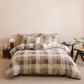 CLOTHKNOW Buffalo Plaid Queen Comforter Set 3Pcs Gingham Bedding Comforter Sets Khaki Brown Beige Geometric Comforter Queen Sets with 2 x Pillow Cases