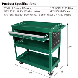 Tool Chest with Wheels, 3-Tier Rolling Tool Box with 1 Drawer & Hooks, Heavy Duty Utility Industrial Service Cart with Locking System Drawer for Garage, Warehouse & Repair Shop,Green
