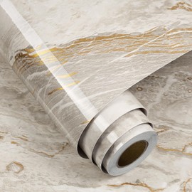 FunStick 36"x200" Thick Gold Beige Marble Contact Paper Peel and Stick Countertops for Kitchen Cabinet Wallpaper Waterproof Removable Marble Wall Paper Vinyl Wrap for Bathroom Counter Tops Table Desk