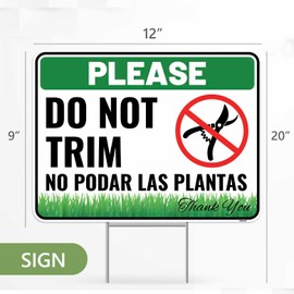 2PC Do Not Trim Signs in English and Spanish with Stakes, 12 Inches by 9 Inches - Corrugated Plastic - Bilingual Do Not Trim Garden Signs