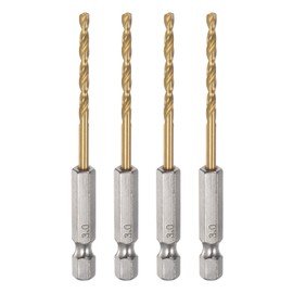sourcing map 4pcs 1/4" Hex Shank Drill Bits 3mm Titanium Drill Bits Set M35 High Speed Steel Twist Drill Bit 80mm Long Fully Ground for Wood, Stainless Steel, Metal, Plastic Plastic