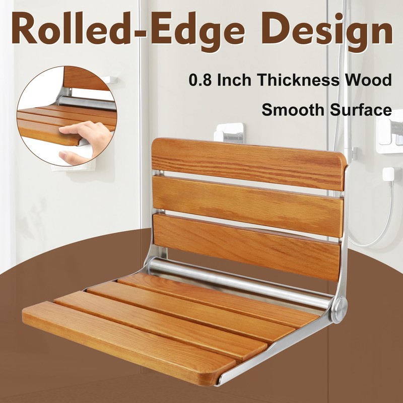 Teak Folding Shower Seat Wall Mounted, Foldable Shower Bench, 400lbs