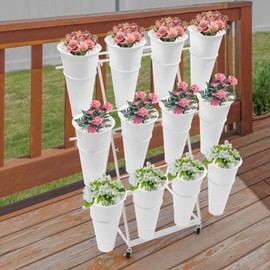 Gdrasuya10 Flower Display Stand with 12 Buckets 3 Tier Flower Display Stand with Wheels Heavy Duty Metal Floral Bouquet Holder Flower Plant Moving Cart for Indoor Outdoor Patio Garden, White