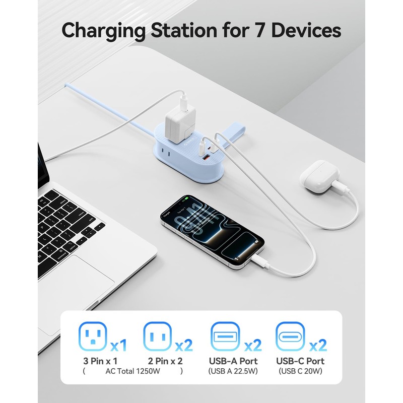 ORICO 22.5W Travel Power Strip, 7 in 1 Charging Station